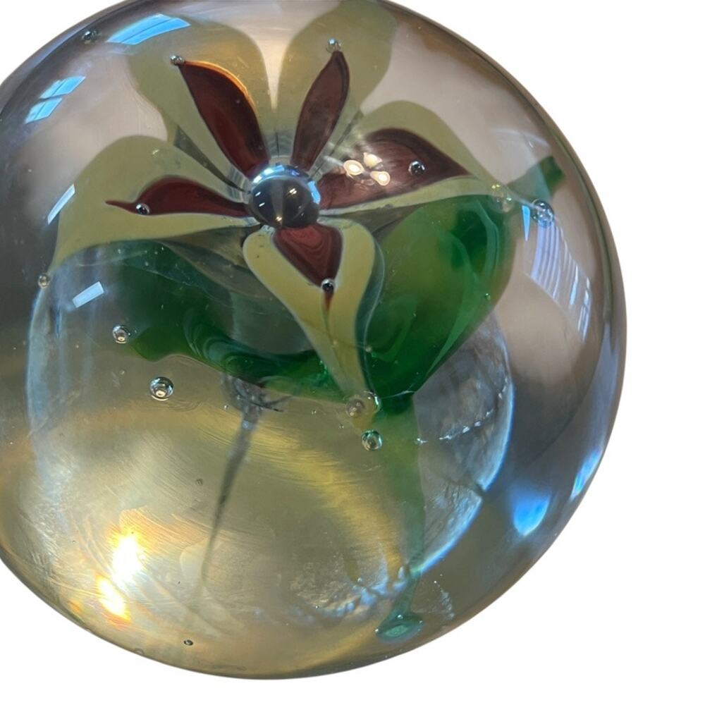 Chapman Blown Glass Orchid Flower Controlled Bubble Paperweight Signed 77